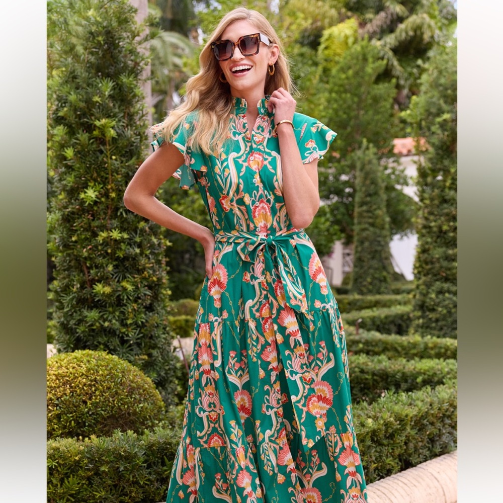 Jude Connally XL Mirabella Belted Maxi Dress Stretch Cotton Floral Jade NWT $268 - Picture 2 of 15